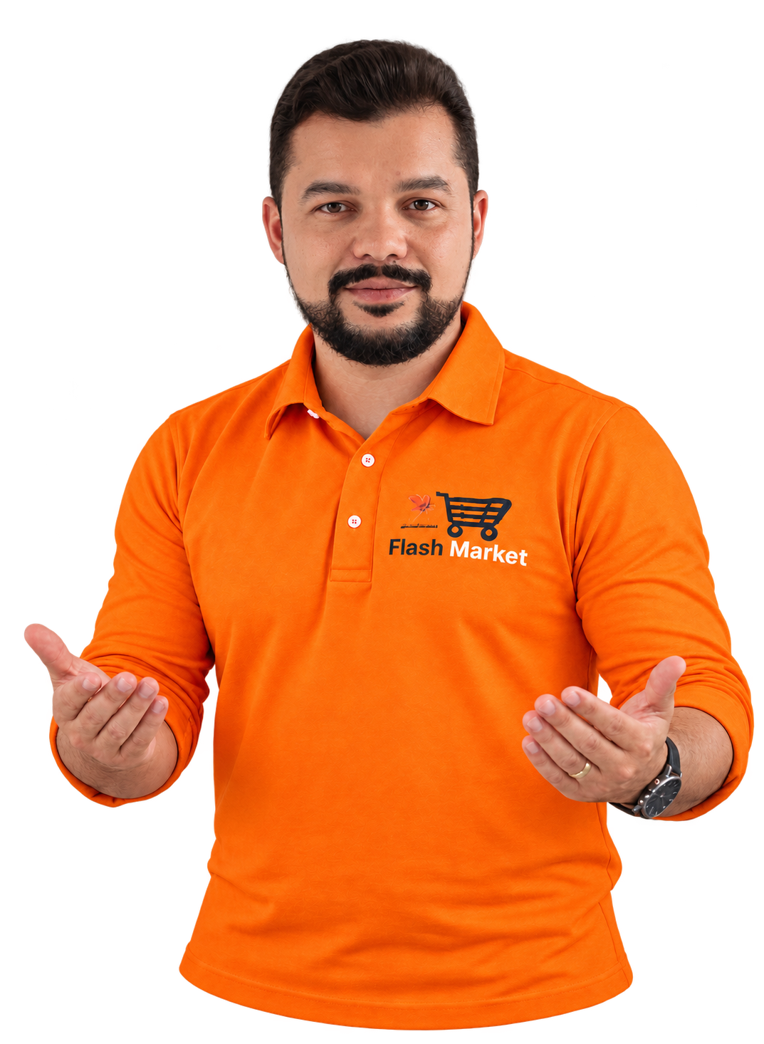 Louis Servilha com polo laranja da Flash em uma pose de boas-vindas